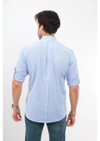 Slim Fit Uzun Kol Hakim Yaka Yarım Patlı Erkek Gömlek Açık Mavi fırsatları