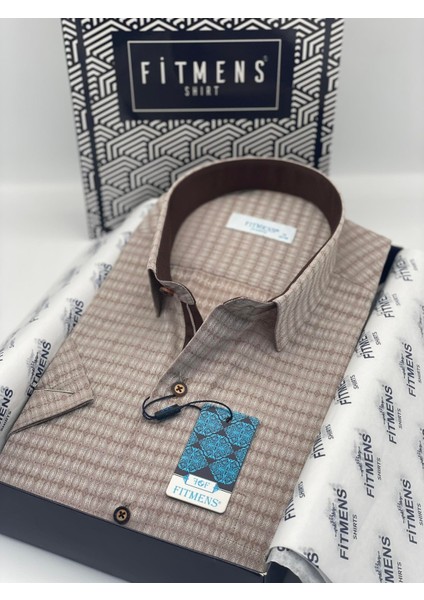 Fitmens Klasik Kısa Kol Desenli Hediye Kutulu Erkek GÖMLEK(CODE:C.513) - Kahverengi