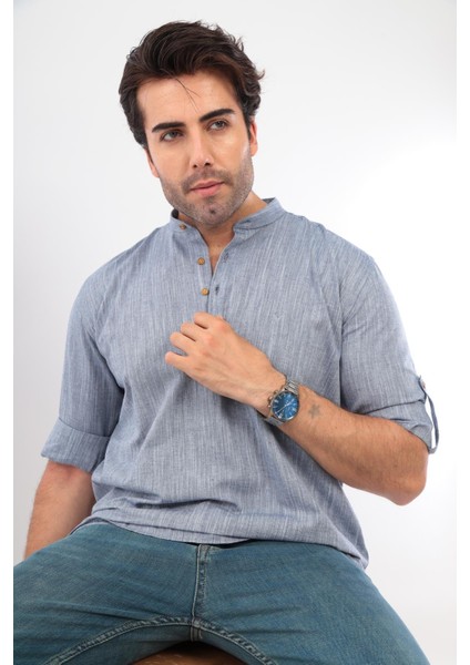 Slim Fit Uzun Kol Hakim Yaka Yarım Patlı Erkek Gömlek Indigo