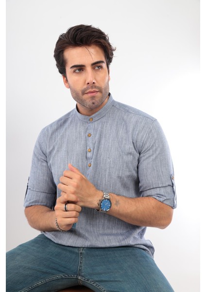 Slim Fit Uzun Kol Hakim Yaka Yarım Patlı Erkek Gömlek Indigo fiyatları