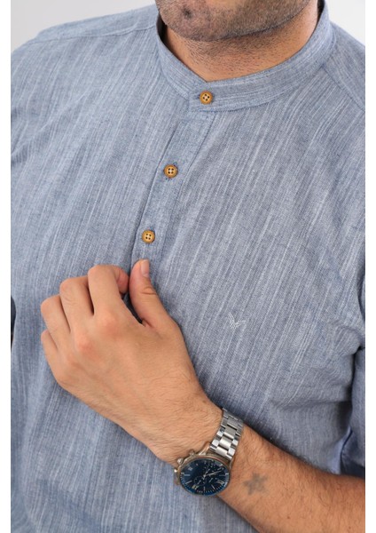 Slim Fit Uzun Kol Hakim Yaka Yarım Patlı Erkek Gömlek Indigo modelleri