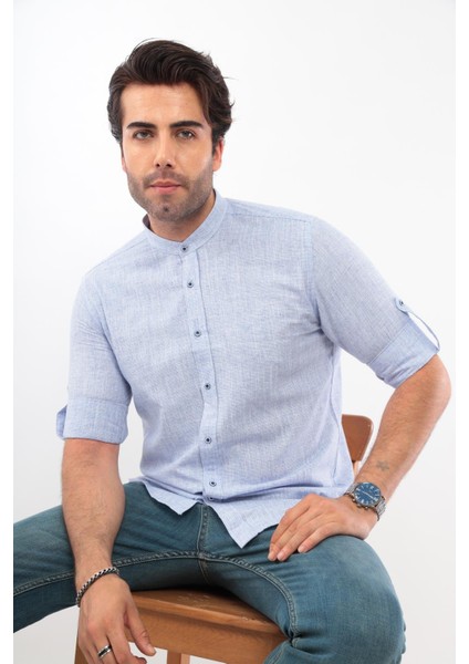 Fitmens Slim Fit Uzun Kol Hakim Yaka Hediye Kutulu Erkek Gömlek (Code:p.flam Keten Ekose) - Mavi
