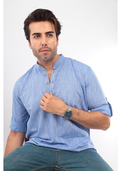 Fitmens Slim Fit Uzun Kol Hakim Yaka Yarım Patlı Hediye Kutulu Erkek Gömlek - Mavi