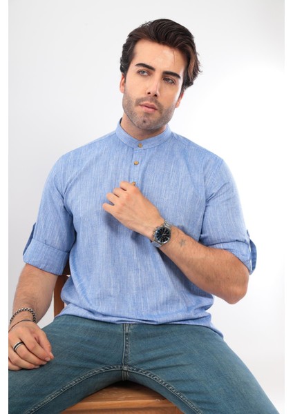 Fitmens Slim Fit Uzun Kol Hakim Yaka Yarım Patlı Hediye Kutulu Erkek Gömlek - Mavi fiyatları