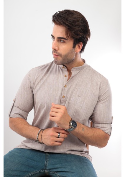 Fitmens Slim Fit Uzun Kol Hakim Yaka Yarım Patlı Hediye Kutulu Erkek Gömlek - Kahverengi