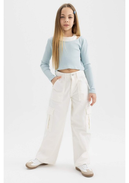 Kız Çocuk Slim Fit Dar Kesim Bisiklet Yaka Fitilli Kaşkorse Uzun Kollu Tişört B7388A824SP fiyatları
