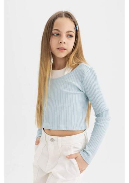 Kız Çocuk Slim Fit Dar Kesim Bisiklet Yaka Fitilli Kaşkorse Uzun Kollu Tişört B7388A824SP modelleri