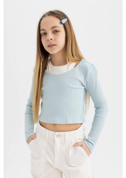 Kız Çocuk Slim Fit Dar Kesim Bisiklet Yaka Fitilli Kaşkorse Uzun Kollu Tişört B7388A824SP fırsatları