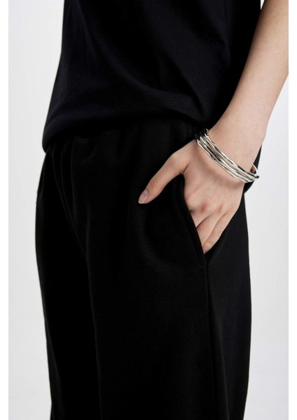 Straight Fit Beli Lastikli Cepli Yüksek Bel Kalın Basic Düz Siyah Eşofman Altı B8571AX24SP fırsatları