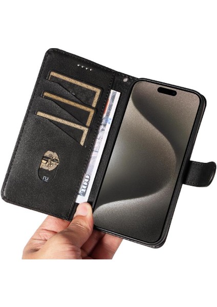 IPhone 15 Için Filp Durumda Pro Max Cüzdan Telefon Kılıfı Ayrılabilir Siyah Preslenmiş (Yurt Dışından)