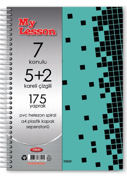 Npratik Tokaç My Lesson Pp Kapak A4 5+2 175 Yaprak Spiralli 7 Bölmeli Ayraçlı Kareli Çzgili Defter