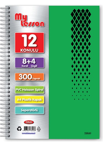 Npratik Tokaç My Lesson Pp Kapak A4 8+4 300 Yaprak Spiralli 12 Bölmeli Ayraçlı Kareli Çzgili Defter TOK980