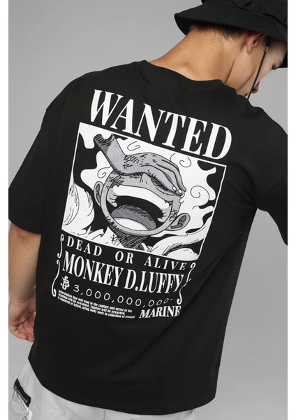 Anime One Piece Luffy Wanted Ön Arka Baskılı T-Shirt