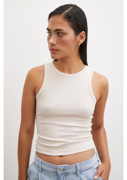 Bisiklet Yaka Top Bej