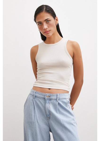 Bisiklet Yaka Top Bej