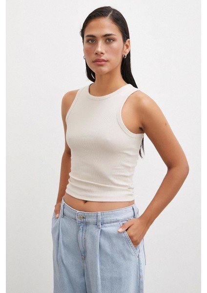 Bisiklet Yaka Top Bej