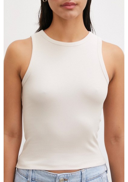 Bisiklet Yaka Top Bej