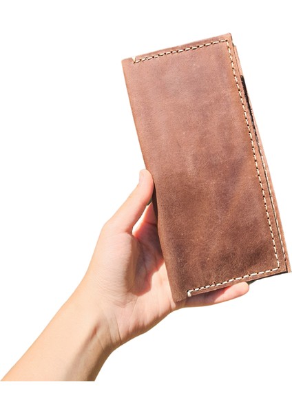 Hestia Model El Yapımı Unisex Vintage %100 El Dikişi Hakiki Kahve Rengi Crazy Deri Cüzdan Kartlık