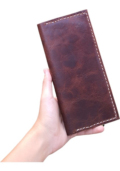 Hestia Model El Yapımı Vintage Unisex %100 El Dikişi Hakiki Efektli Kahve Crazy Deri Cüzdan Kartlık
