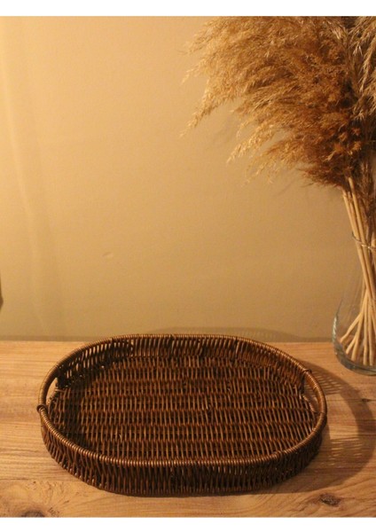 Geniş Hasır Rattan Sunum Tepsi Organizer Oval