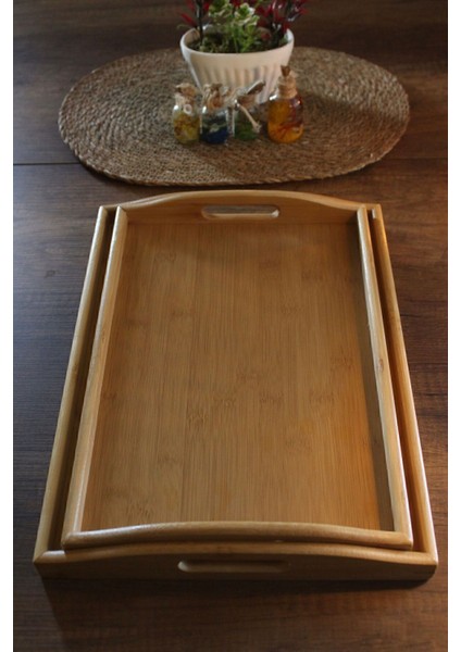 2'li Bambu Dikdörtgen Kulplu Sunum Tepsi 40X30CM & 37.5X26CM