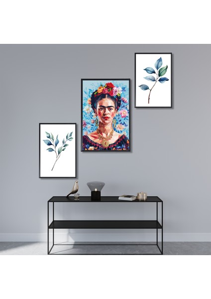 Frida Kahlo ve Yaprak Temalı - Lamine Çerçeveli 3'lü Tablo Seti