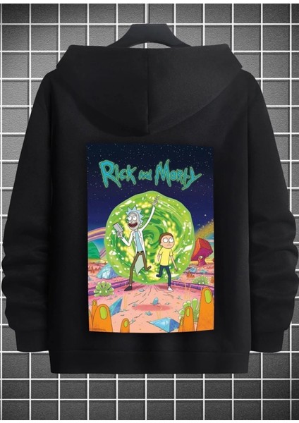 Büyük Beden Özel Tasarım Kapüşonlu Rick And Morty Baskılı Oversize Battal Erkek Sweatshırt