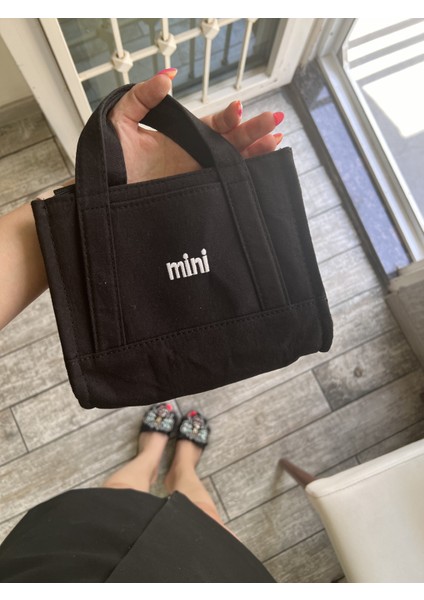 Kanvas Kumaş Krem Mini Yazı Baskılı Mini Boy Ayarlanabilir Askılı El Omuz Çantası