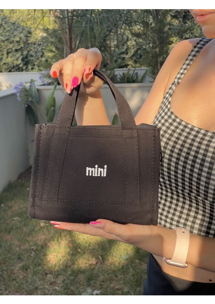 Kanvas Kumaş Krem Mini Yazı Baskılı Mini Boy Ayarlanabilir Askılı El Omuz Çantası