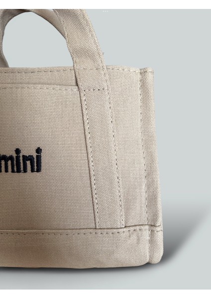 Kanvas Kumaş Krem Mini Yazı Baskılı Mini Boy Ayarlanabilir Askılı El Omuz Çantası