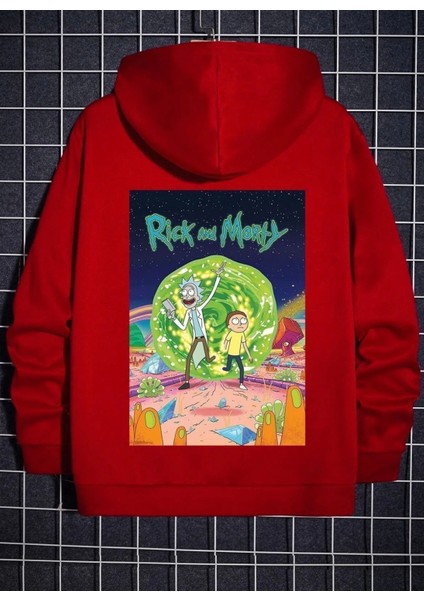 Büyük Beden Özel Tasarım Kapüşonlu Rick And Morty Baskılı Oversize Erkek Battal Sweatshırt