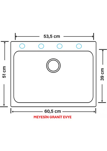 Granit Evye Siyah Tek Gözlü Mutfak Evyesi 50 x 60 Cm.