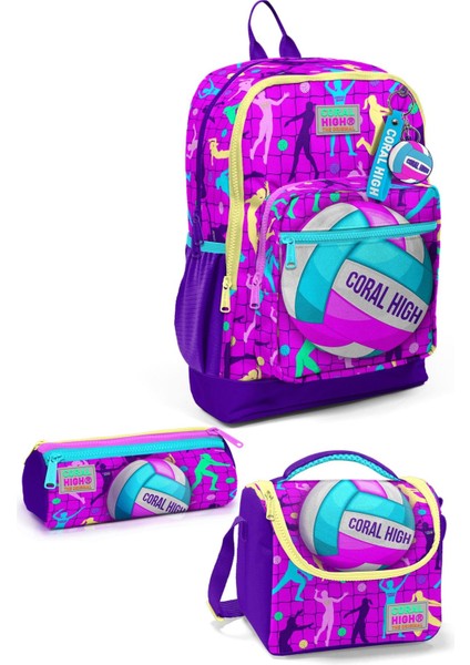 Coral High Kids Pembe Mor Voleybol Desenli 3’lü Okul Çanta Seti 23761-MİX3