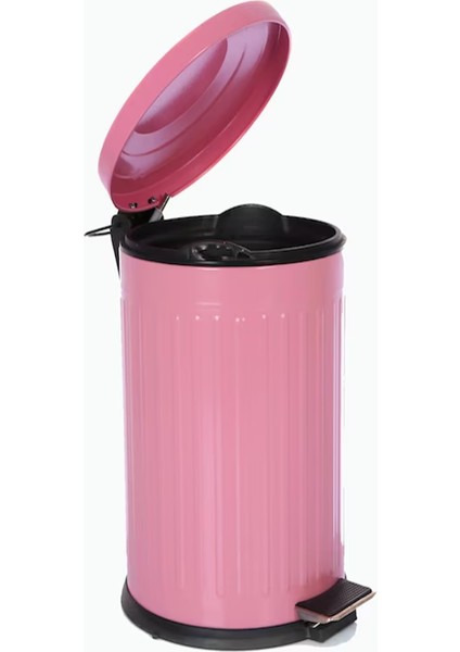 16 Litre Vitange Çizgili Pembe Pedallı Çöp Kovası-Metal Çöp Kovası