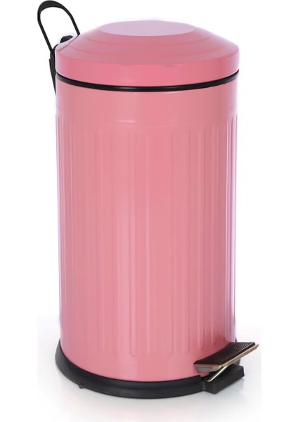 16 Litre Vitange Çizgili Pembe Pedallı Çöp Kovası-Metal Çöp Kovası