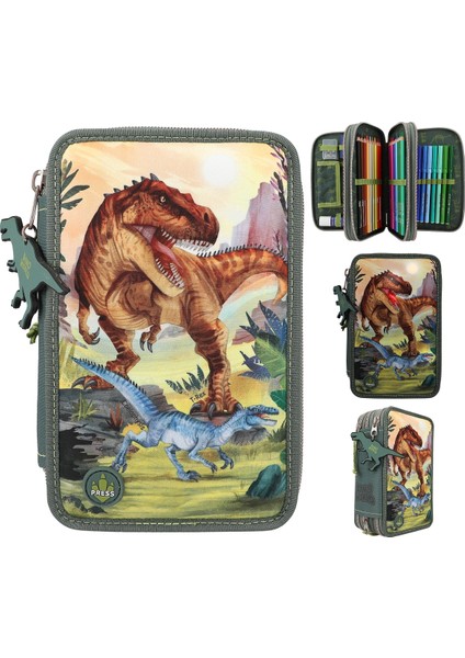 3 Katlı Işıklı Dino Dolu Kalem Kutusu
