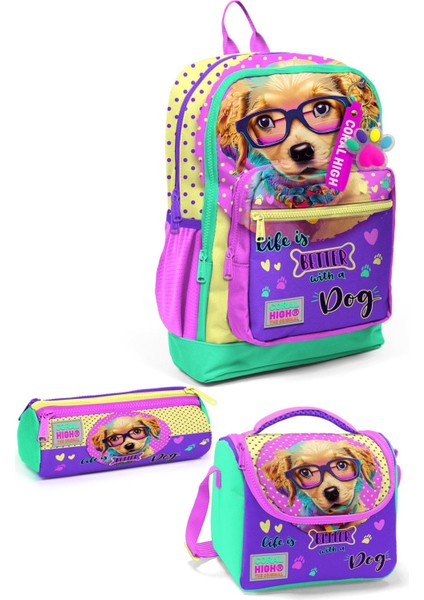 Coral High Kids Sarı Pembe Sevimli Köpek Desenli 3’lü Okul Çanta Seti 23752-MİX3