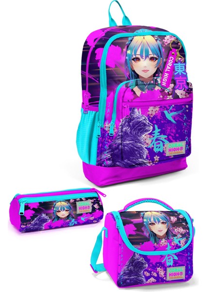 Coral High Kids Mor Pembe Anime Kedi Desenli 3’lü Okul Çanta Seti 23753-MİX3
