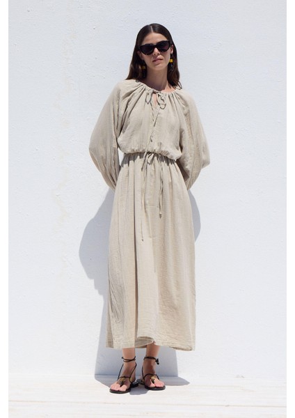 Bağlama Detaylı Muslin Elbise Kum indirimleri