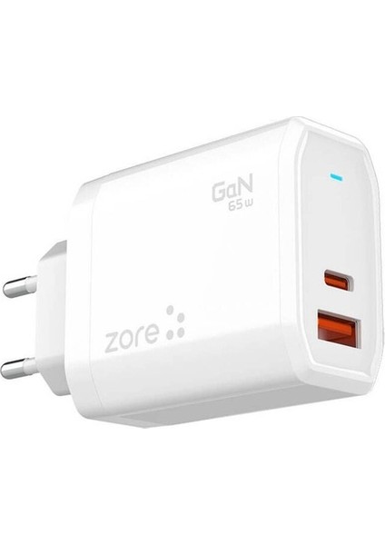 Zore Always-01 Gan Tech Type-C Pd4.0 Usb-A Qc3.0 Hızlı Şarj Özellikli Seyahat Şarj Başlığı 65W