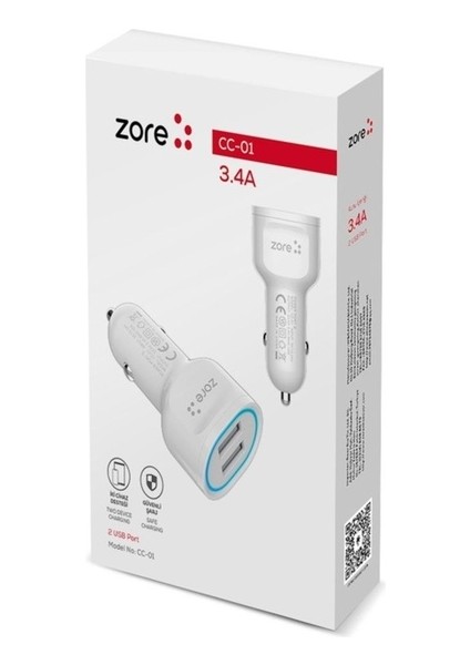 Zore Cc-01 Hızlı Şarj Özellikli LED Işıklı Dual USB Araç Şarj Başlığı 18W