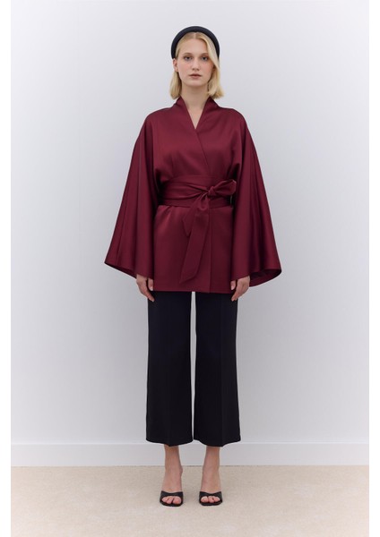 Saten Kemerli Kimono Bordo