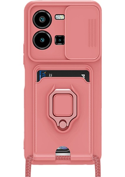 Vivo Y35 Kılıf Kartvizitli Askılı Standlı Kapak - Pembe