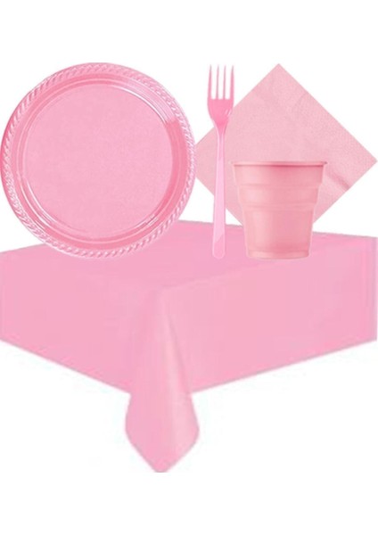 Pembe 25 Kişilik Plastik Bardak Çatal Tabak Peçete Masa Örtüsü