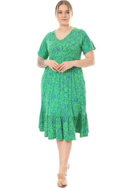 Butik Göğüsten Robalı V Yaka Kısa Kollu Yeşil Çiçek Desenli Cepli Elbise