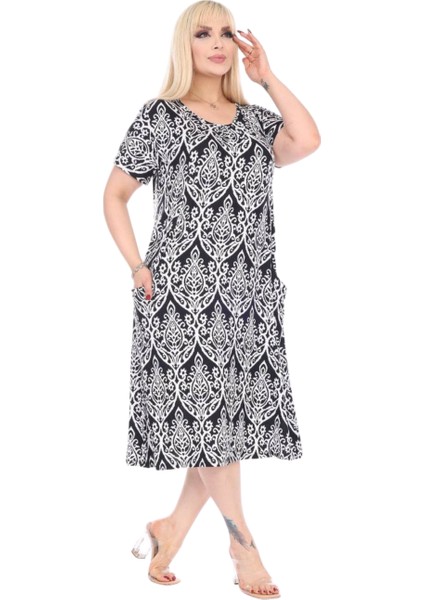 Butik Beyaz Dantel Desen Kuplu Cepli Kısa Kol Kadın Midi Elbise