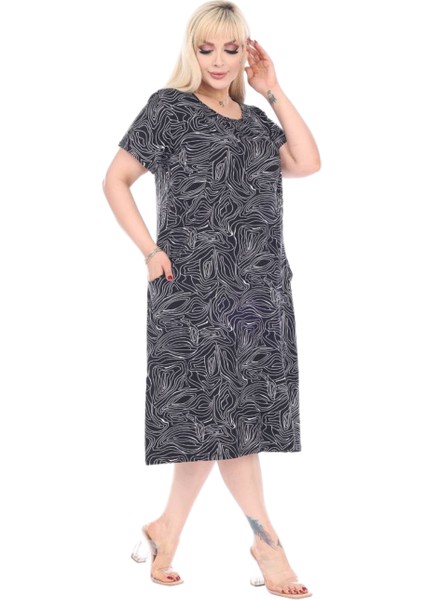 Butik Siyah Zigzag Çizgili Cepli Kısa Kol Kadın Midi Elbise