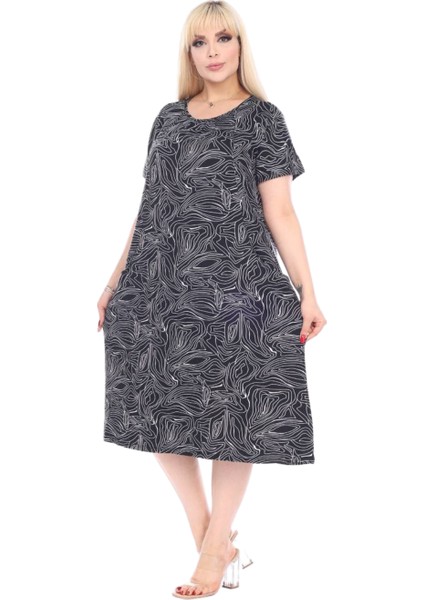 Butik Siyah Zigzag Çizgili Cepli Kısa Kol Kadın Midi Elbise fiyatları