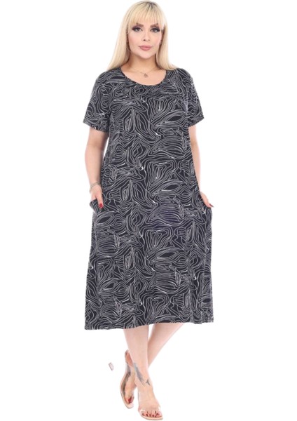 Butik Siyah Zigzag Çizgili Cepli Kısa Kol Kadın Midi Elbise modelleri