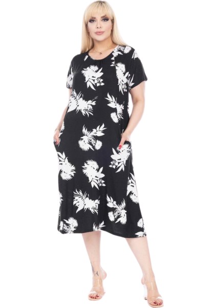 Butik Siyah Beyaz Yaprak Desen Kuplu Cepli Kısa Kol Kadın Midi Elbise